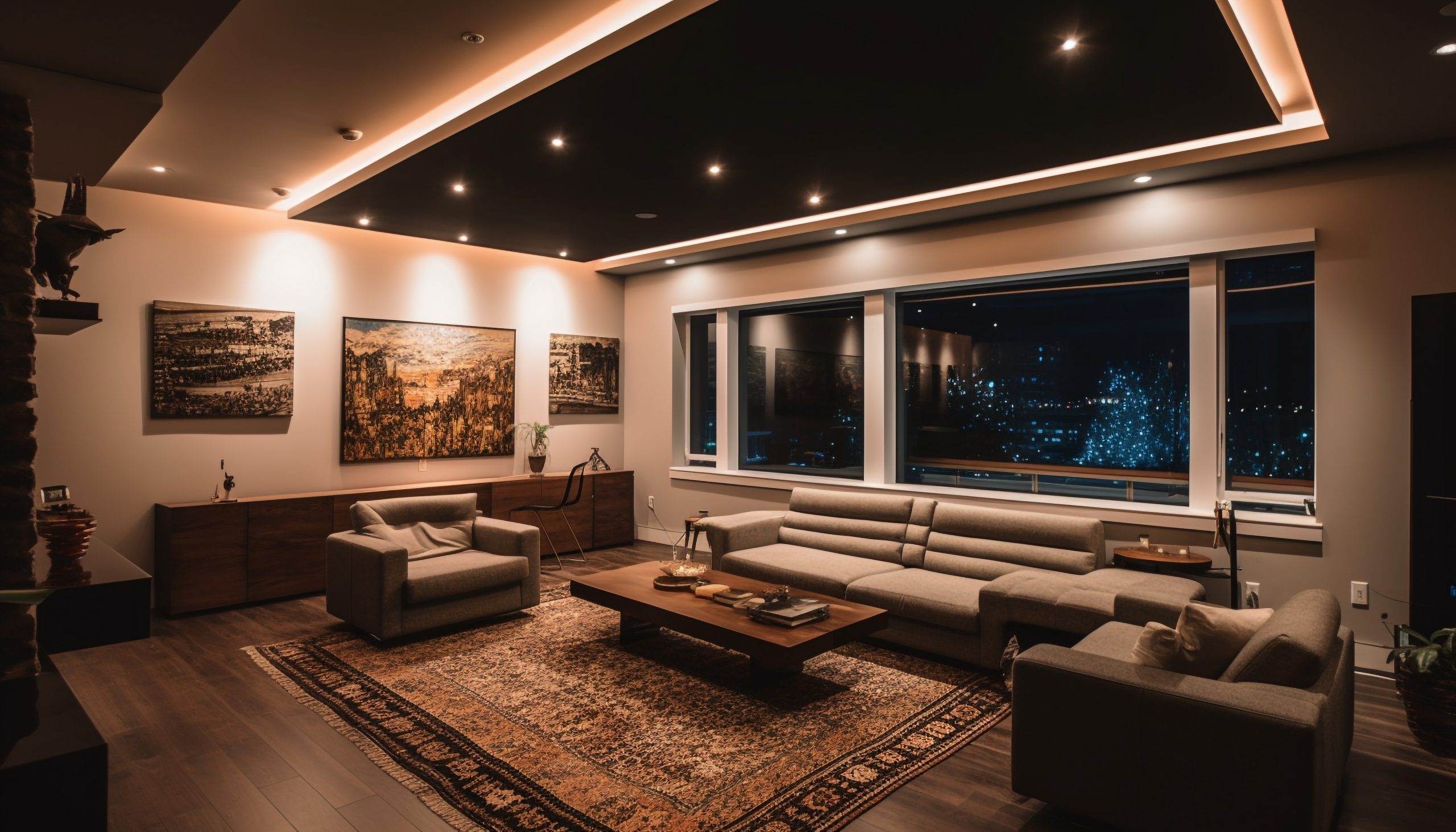 Comfortable modern living room illuminated with electric lamp generated by artificial intelligence